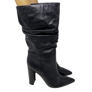 Marc Fisher 8.5 Black Gomer Leather Boots Pointed Toe Gathered Cinch Block Heel